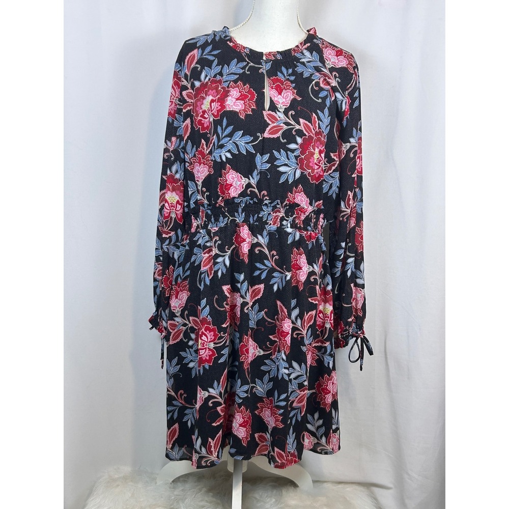 Floral Long Sleeve Smocked Waist Keyhole Neck Dress Black Red Pink Blue 14